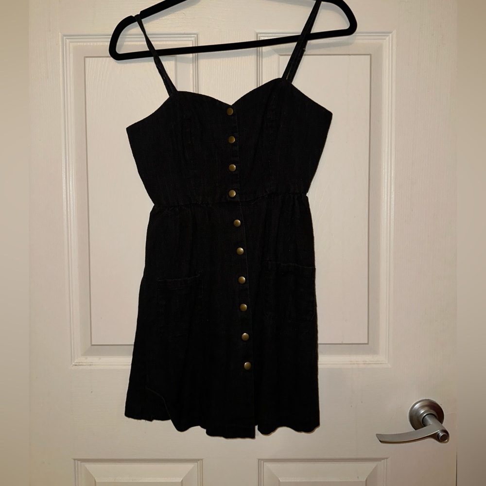 Black Woven Linen Summer Dress w Buttons and Front Pockets